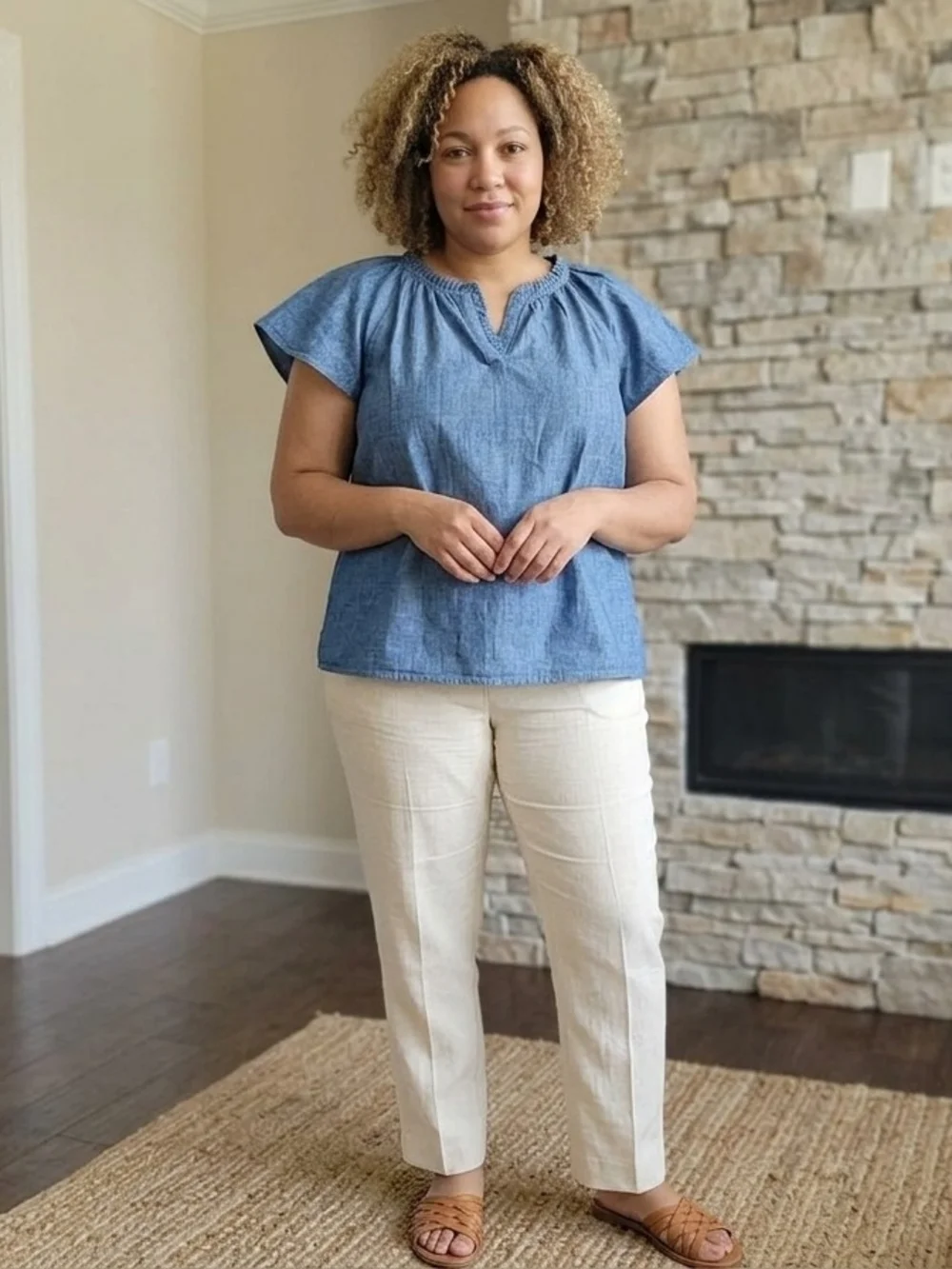 J. Crew Blue Chambray Ruffle-Neck Flutter - Slreve Top